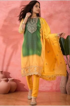 Straight Pant Suit in Yellow Chiffon with Embroidered SK155460