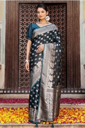 Silk Embroidered Tarquice Saree with Blouse SR29224