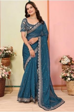 Embroidered Organza Saree in Teal blue SR28691