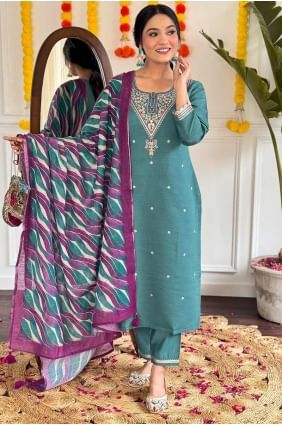 Teal blue Embroidered Salwar Kameez in Chanderi SK155360