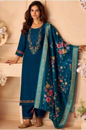 Teal blue Embroidered Viscose Salwar Kameez SK155786