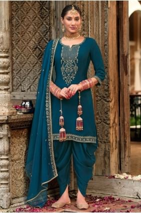 Teal blue Embroidered Viscose Salwar Kameez SK155795