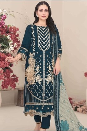 Straight Pant Suit in Teal blue Faux georgette with Embroidered SK159235