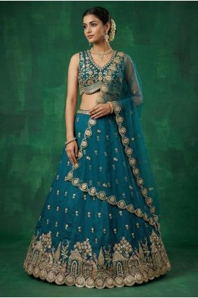 Teal Chinon chiffon Lehenga Choli with Embroidered LC9164