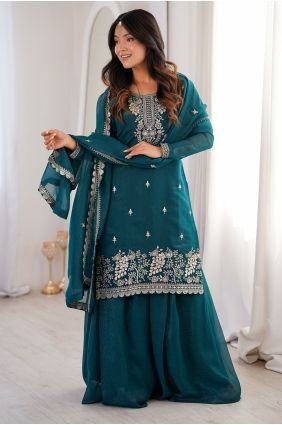 Chanderi silk Thread Teal blue Palazzo Suit with Dupatta PZ4420