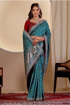 Teal blue Saree in Printed Silk SR30175