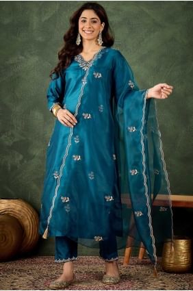 Embroidered Silk Salwar Kameez in Teal blue SK155688