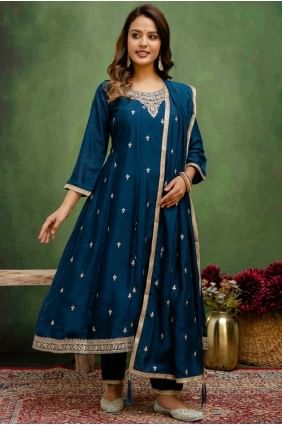 Teal blue Salwar Kameez in Embroidered Silk SK155700