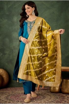 Viscose Salwar Kameez with Embroidered in Teal blue SK155692