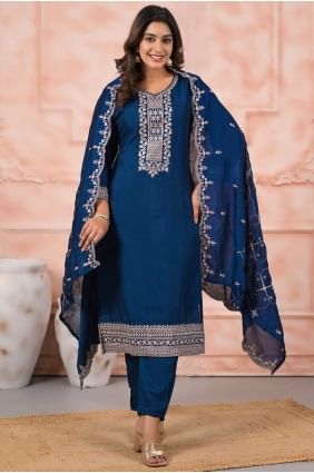Teal blue Salwar Kameez with Embroidered Silk SK155673
