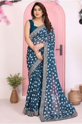 Embroidered Georgette Teal blue Saree with Blouse SR28935