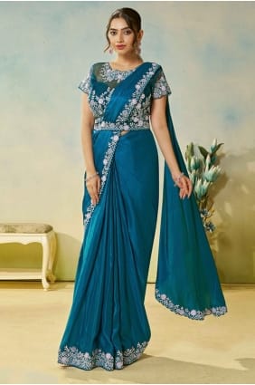 Hand Satin Teal blue Saree with Blouse SR29175