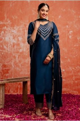 Teal blue Straight Suit with Embroidered Viscose SK155635