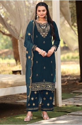 Velvet Teal blue Palazzo Suit in Embroidered PZ4228