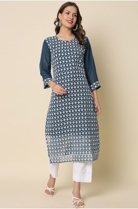 Teal Kurti in Georgette with Chikankari KTI2729