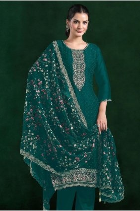 Straight Pant Suit in Teal green Chiffon with Embroidered SK159231