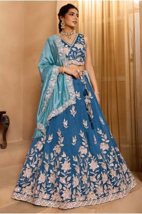 Teal Embroidered Silk Lehenga Choli LC8817