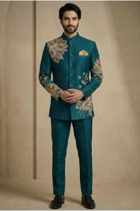 Embroidered Men Kurta Pajama With Waistcoat in Teal Satin KURR241