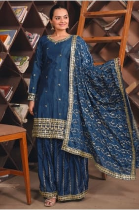 Teal Palazzo Suit in Chiffon with Embroidered PZ4234