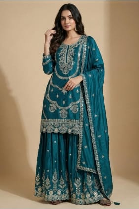 Eid Palazzo Suit in Teal Silk with Sequins PZ4271