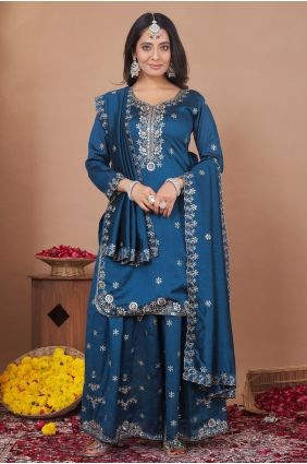 Teal Sequins Palazzo Suit in Silk PZ4424