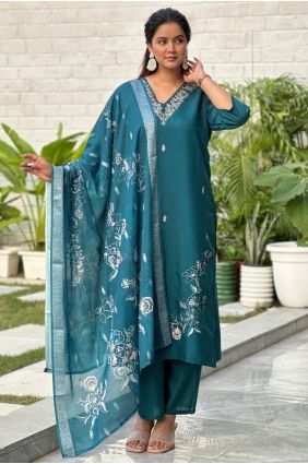 Teal Salwar Kameez in Embroidered Silk SK15754