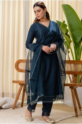 Teal Salwar Kameez in Embroidered Silk SK15758