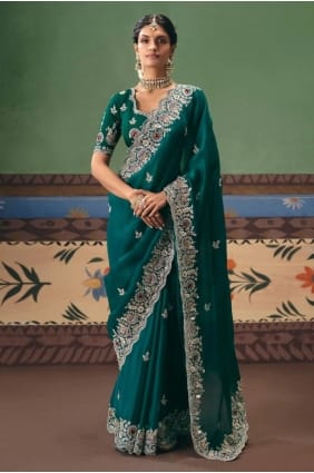 Teal Saree with Sequins,stone with moti Art silk SR29694
