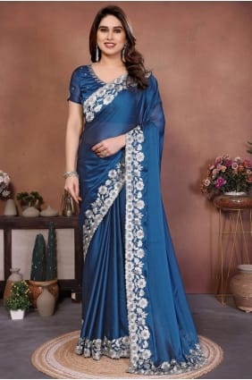 Teal Embroidered Silk Saree SR29577