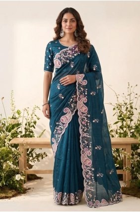 Teal Embroidered Silk Saree SR30297