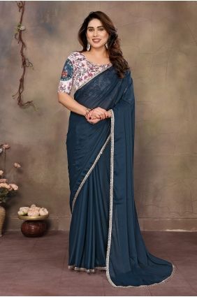 Printed Saree in Teal Georgette SR30074