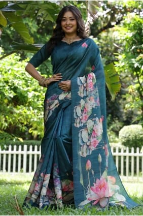 Teal Tussar silk Saree with Printed SR29684