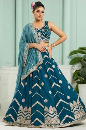 Teal Embroidered Lehenga Choli in Silk LC8812