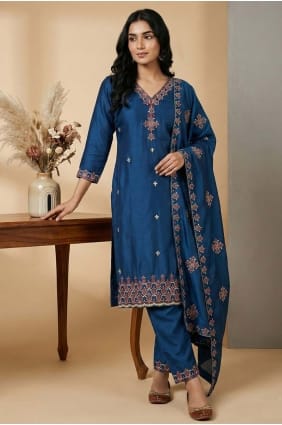 Teal Sequins Salwar Kameez in Silk SK156070