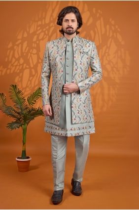 Sherwani in Green Art silk with Thread KURR282