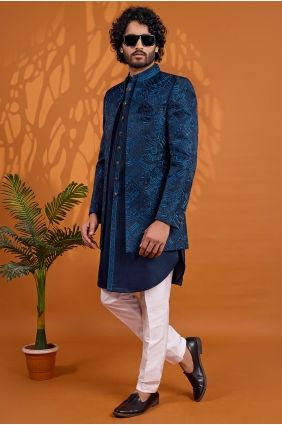 Blue Sherwani in Thread Art silk KURR288