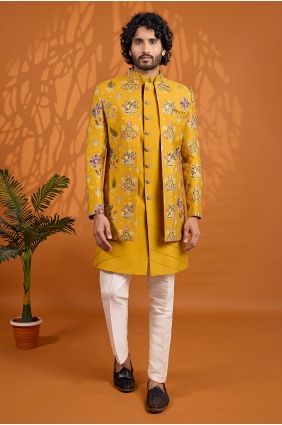 Yellow Sherwani in Thread Art silk KURR286