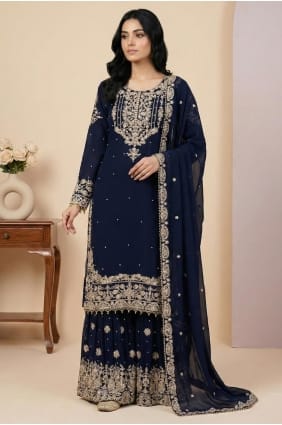 Faux georgette Thread Navy blue Sharara Suit with Dupatta SS1341