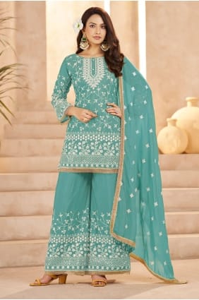 Sea green Thread Georgette Eid Palazzo Suit PZ4319