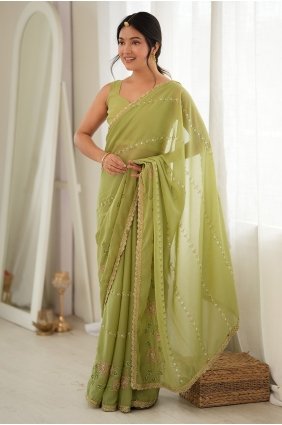 Georgette Saree in Pista with Thread SR30257