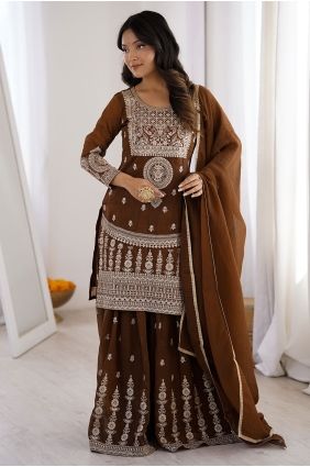 Brown Palazzo Suit in Thread Silk PZ4396