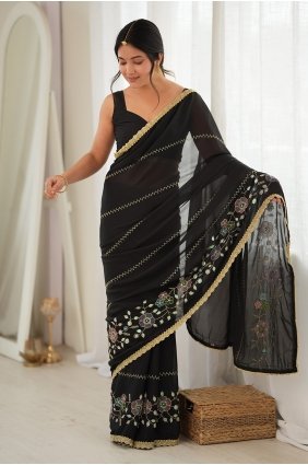 Thread Saree in Black Georgette SR30251
