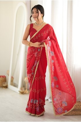 Red Georgette Saree with Thread SR30259