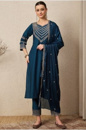 Silk Eid Salwar Kameez in Teal with Thread SK155958