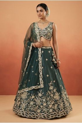 Lehenga Choli in Dark green Tissue with Embroidered LC9170