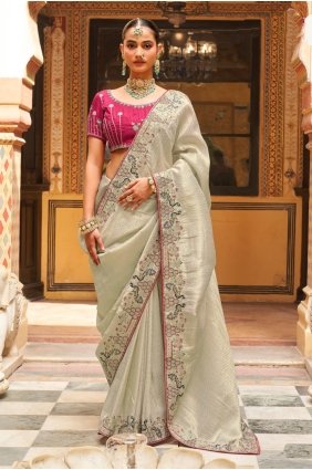 Embroidered Tissue Grey Saree with Blouse SR30360