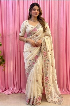 Off white Saree in Tissue with Embroidered SR30307