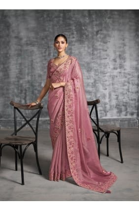 Tissue Mirror Pink Saree with Blouse SR29196