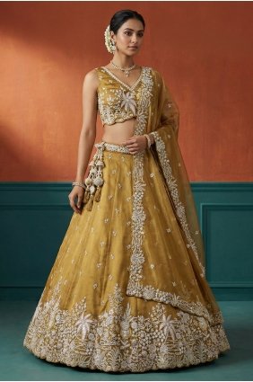 Mustard Lehenga Choli in Embroidered Tissue LC9204
