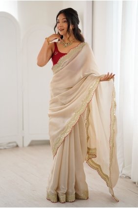 Beige Tissue Saree with Zari,sequins,embroidered SR30327